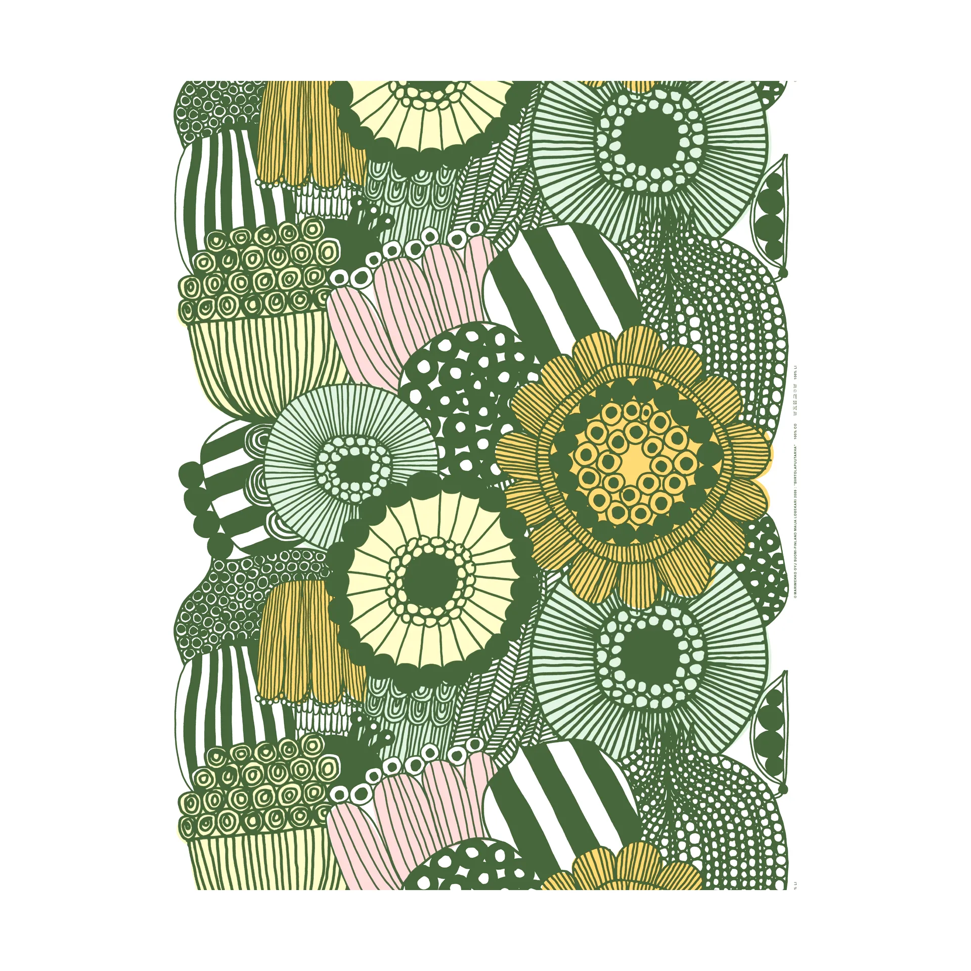 Tkanina Siirtolapuutarha, White-green-light yellow-orange Marimekko