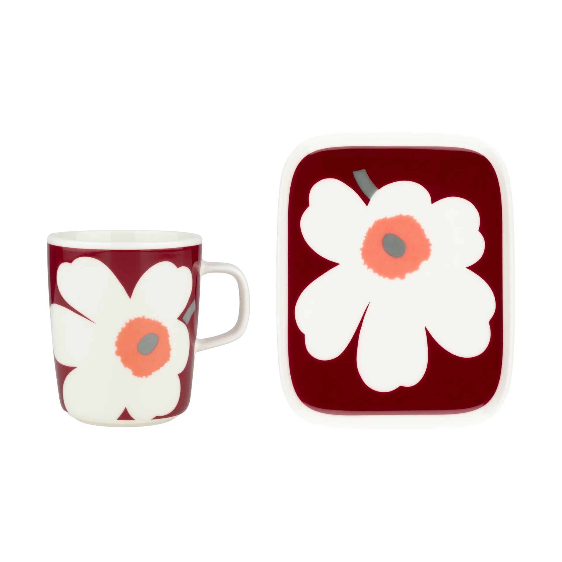 Unikko 60-lecie kubek 25 cl + talerz 12x15 cm, White-dark cherry-ash grey Marimekko