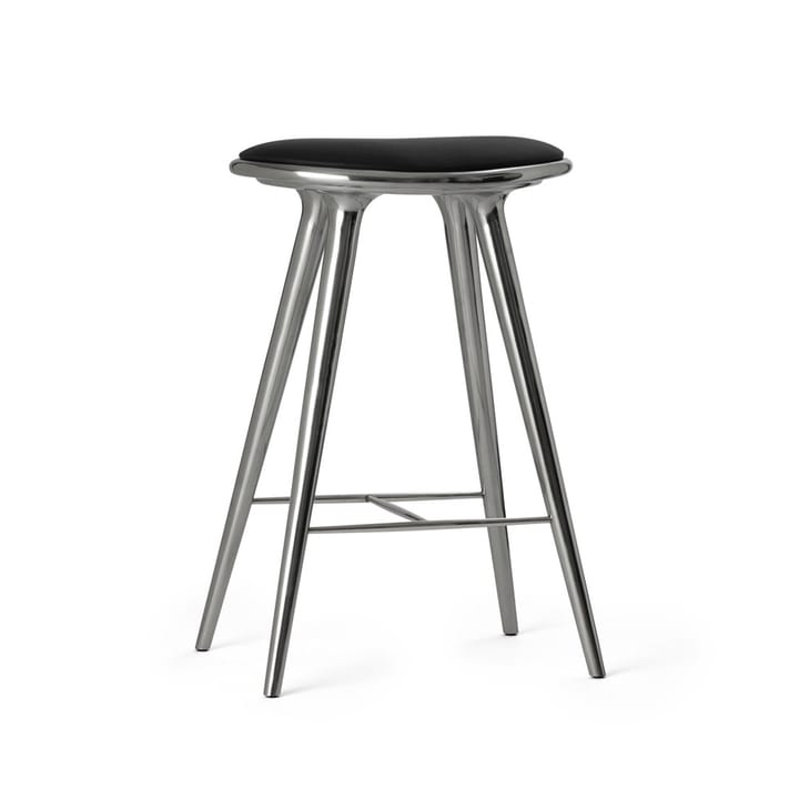 High stool krzesło barowe Mater niskie 69 cm, skóra czarna, aluminiowy stojak Mater