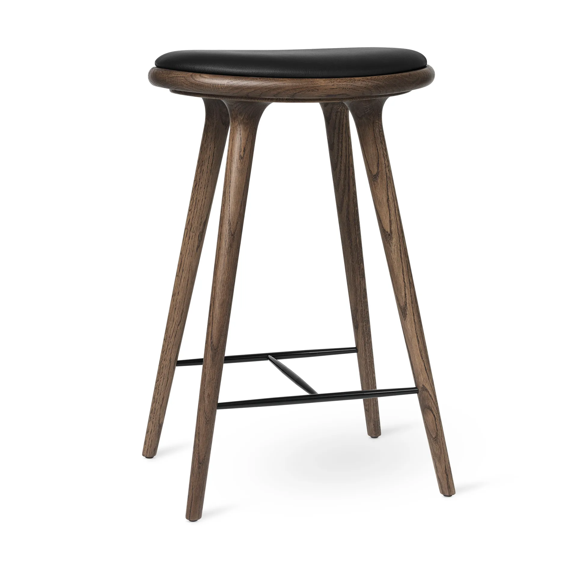 High stool krzesło barowe Mater niskie 69 cm, skóra czarna, bejcowany na brązowo stojak dębowy Mater