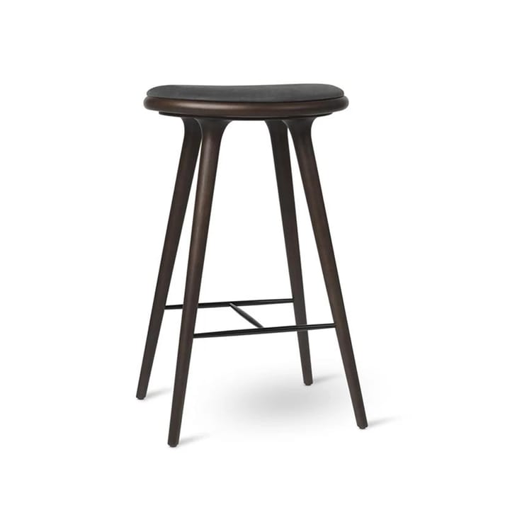 High stool krzesło barowe Mater niskie 69 cm - skóra czarna, bejcowany na brązowo stojak dębowy - Mater