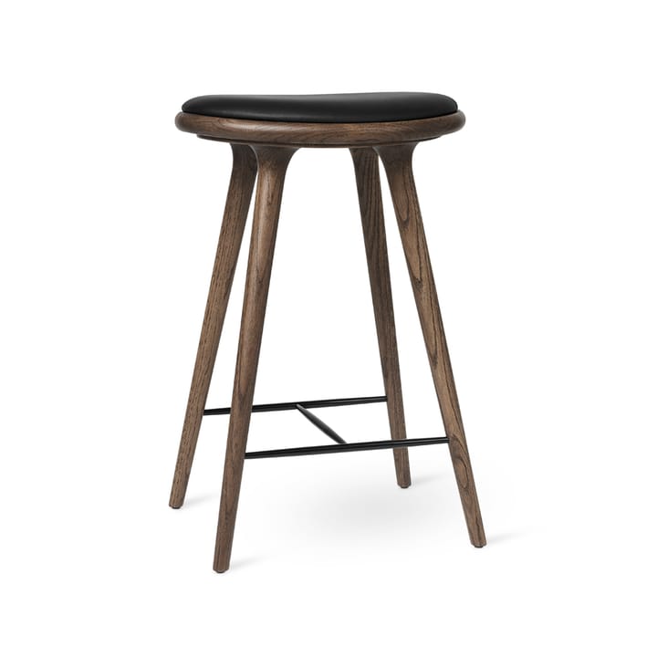 High stool krzesło barowe Mater wysokie 74 cm - skóra czarna, bejcowany na brązowo stojak dębowy - Mater
