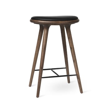High stool krzesło barowe Mater wysokie 74 cm - skóra czarna, bejcowany na brązowo stojak dębowy - Mater