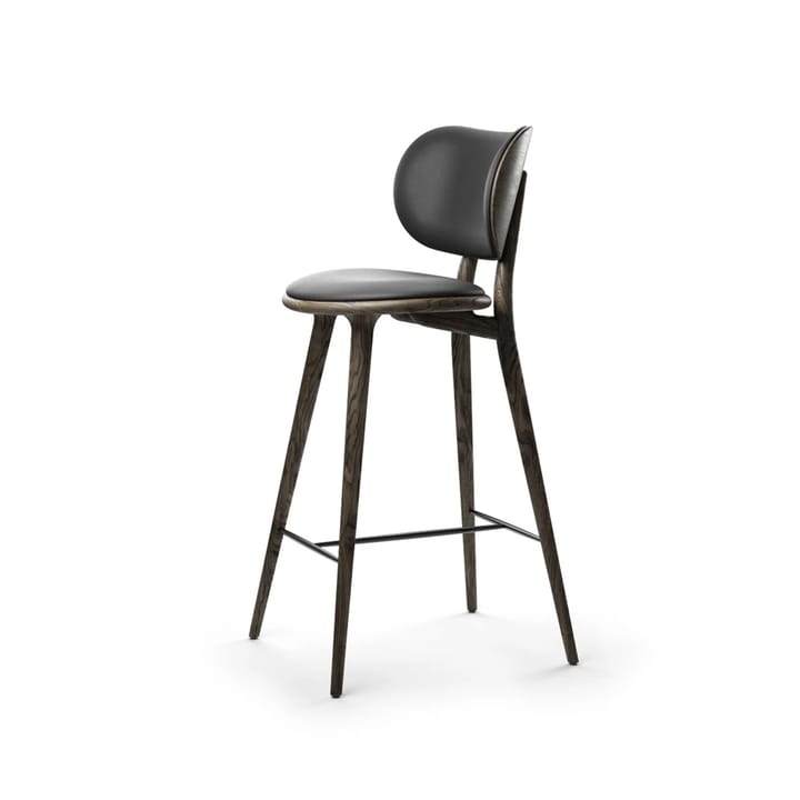 Krzesło barowe High Stool Backrest niskie - skóra czarna, stojak dębowy sirka grey - Mater