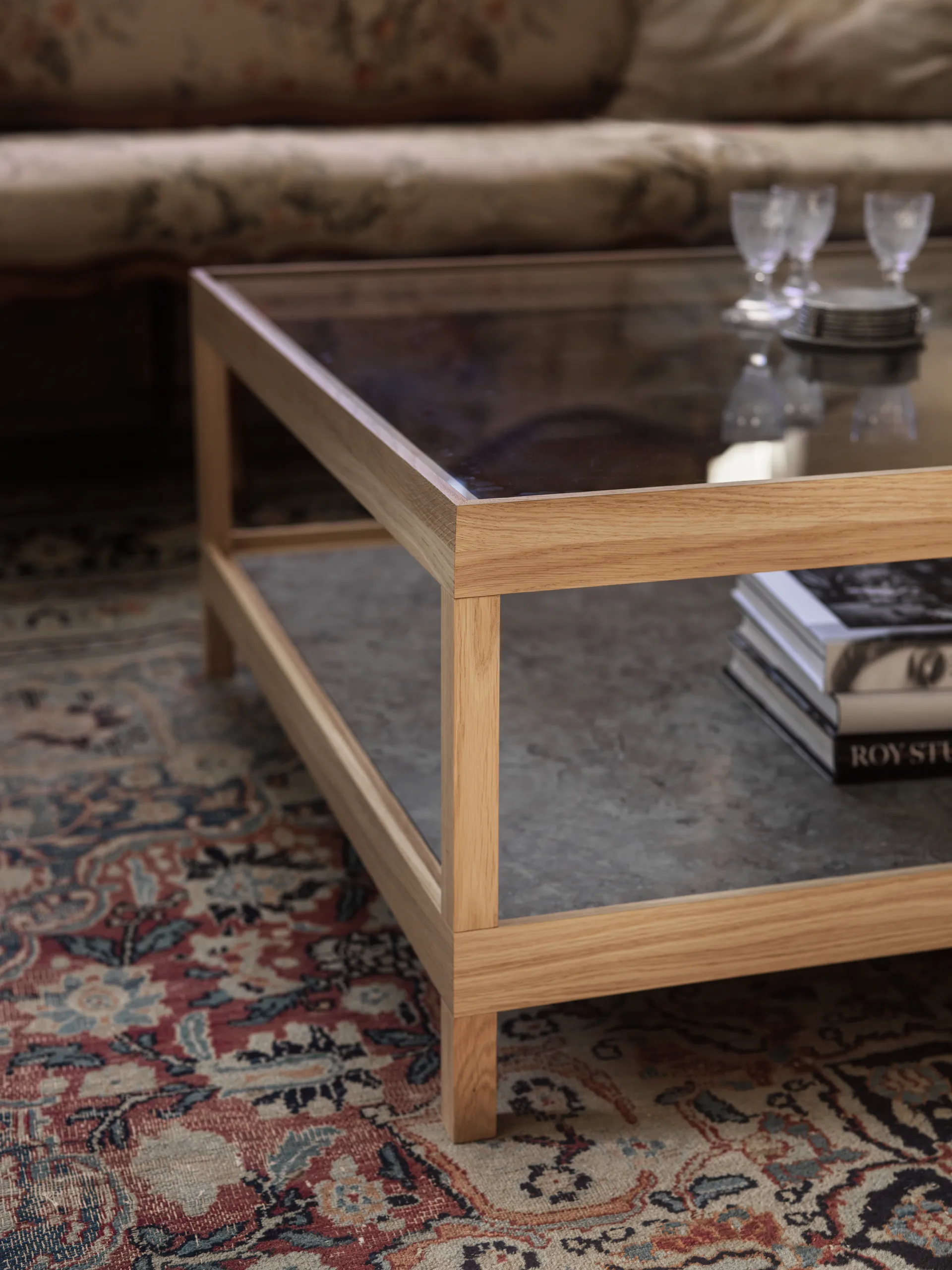 Stolik kawowy Ima 90x90 cm, Dąb matowy lakier bielony, wapień Mavis