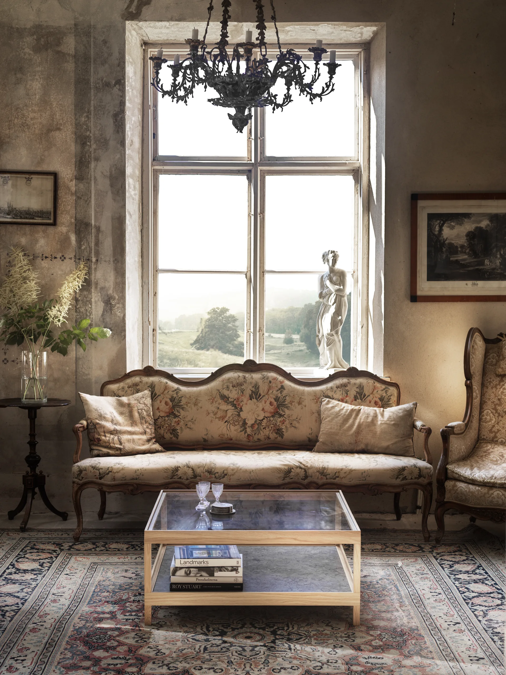 Stolik kawowy Ima 90x90 cm, Dąb matowy lakier bielony, wapień Mavis