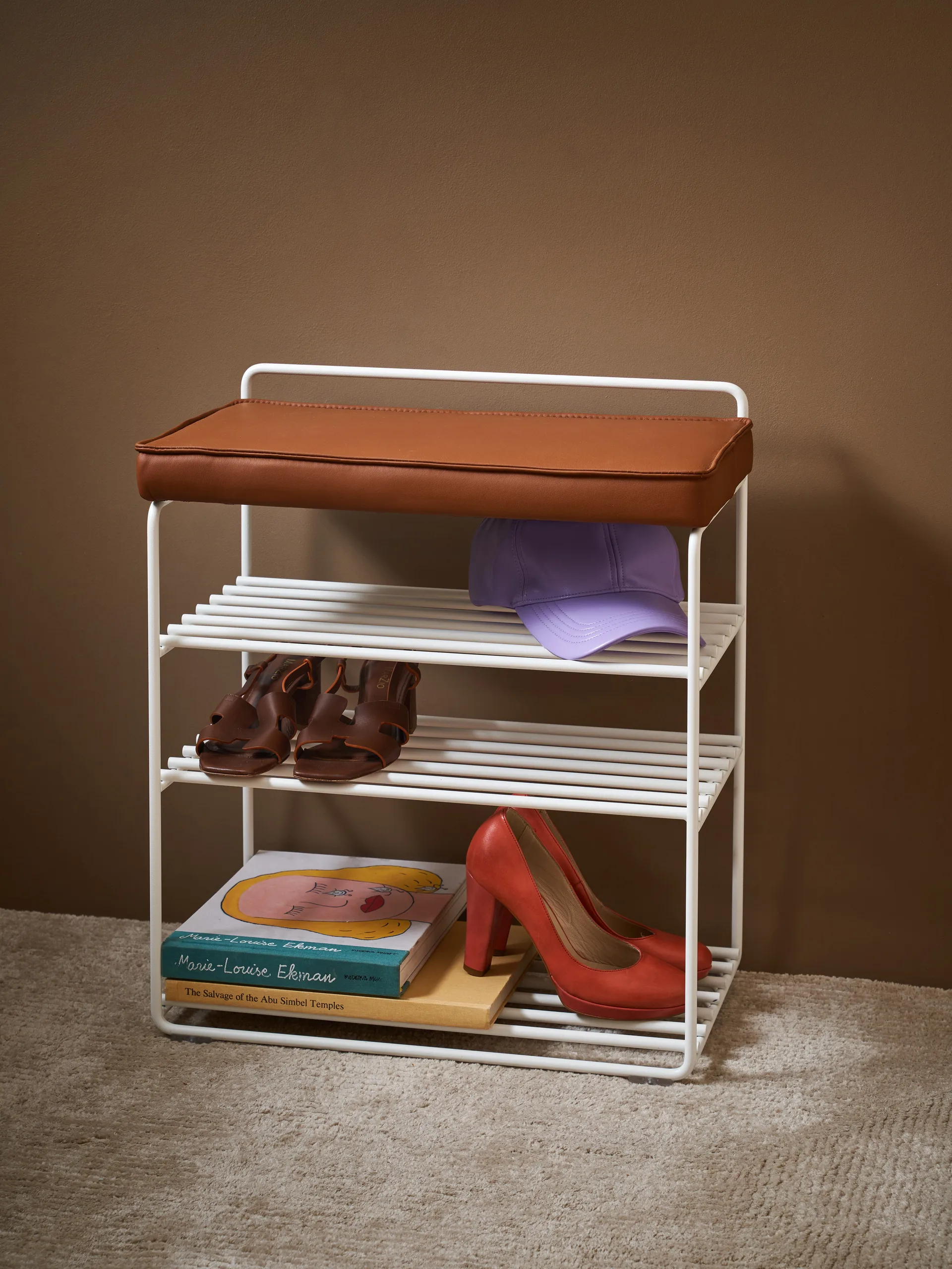 Półka stojąca Lower East Seat 50x28x58 cm, White-cognac leather Maze