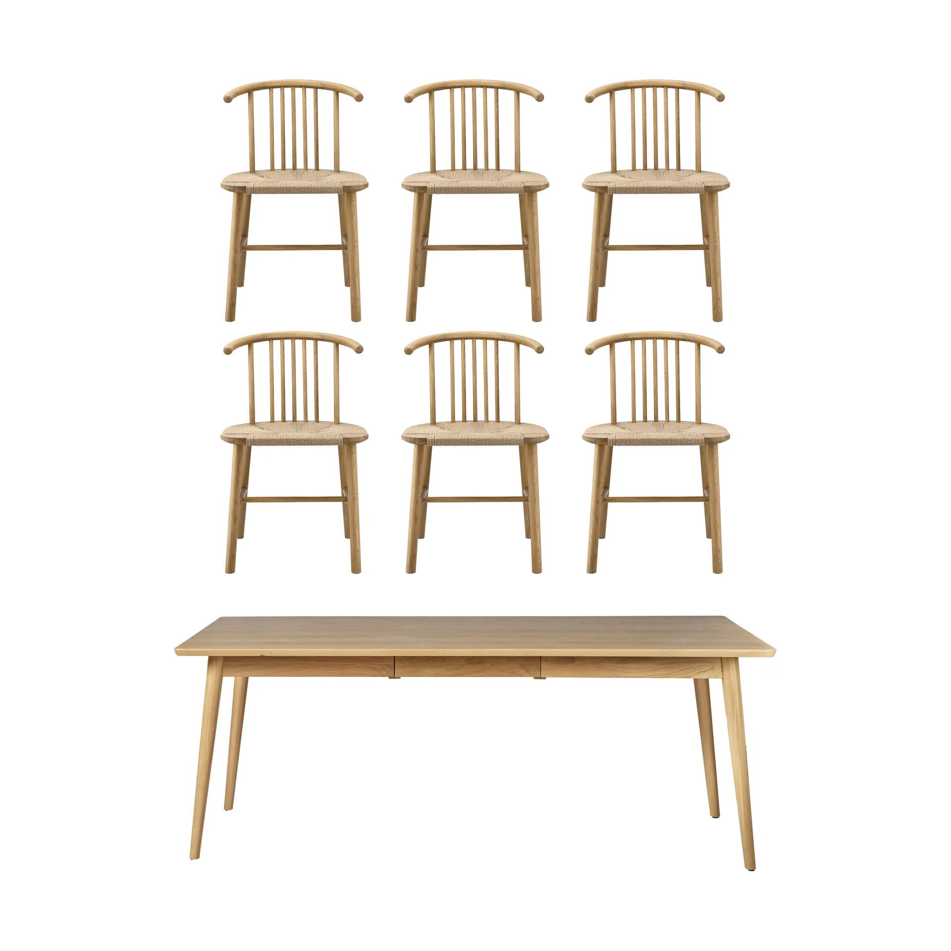 VIOR stół jadalniany 200 cm + krzesło 6‑pak – Lakierowany dąb‑natural NJRD