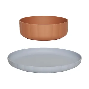 Zestaw Pullo talerz & miska, 2 części - Caramel-ice blue - OYOY