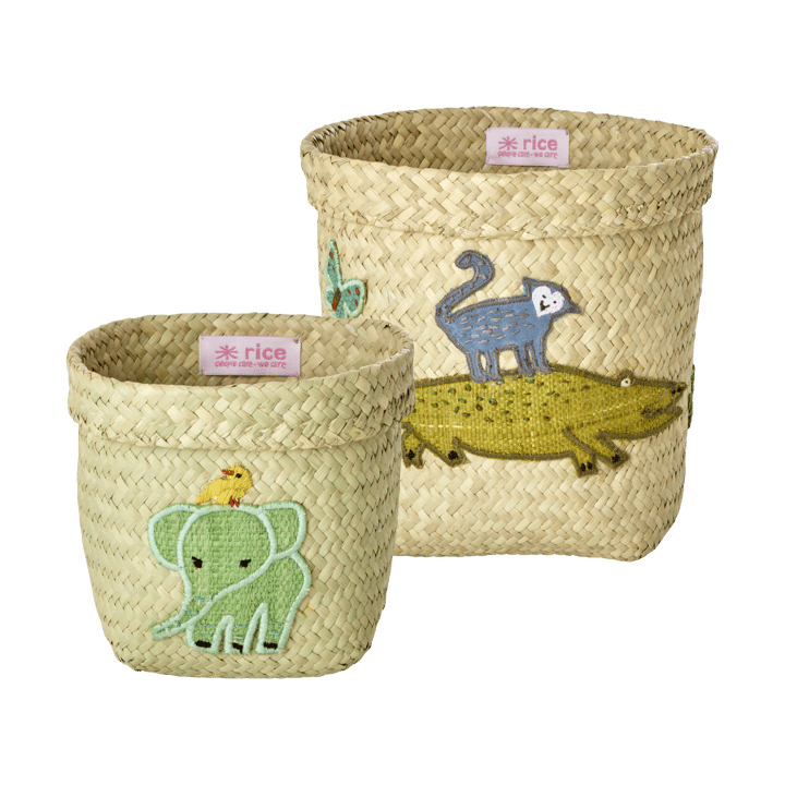 Koszyk z raffi do przechowywania Rice, okrągły, 2 części - Animal Embroidery-Green-blue - RICE