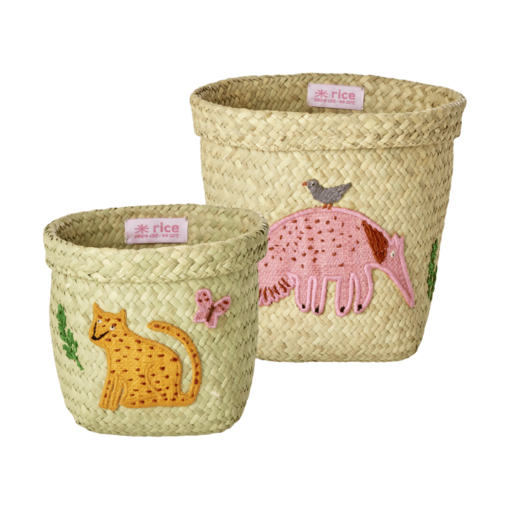 Koszyk z raffi do przechowywania Rice, okrągły, 2 części - Animal Embroidery-Pink-orange - RICE