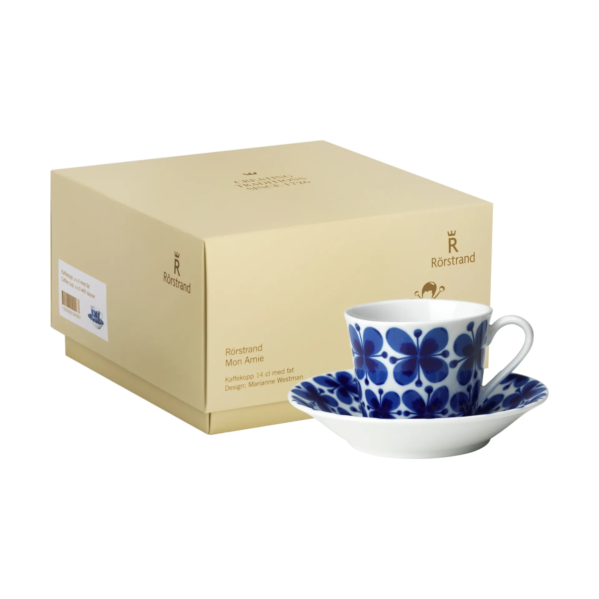 Mon Amie filiżanka ze spodkiem 140 ml, opakowanie prezentowe, Niebiesko-biała Rörstrand