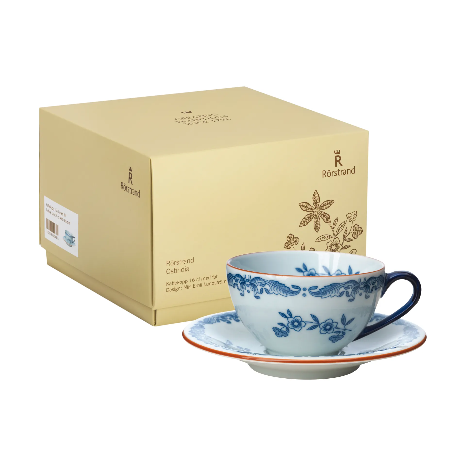 Ostindia filiżanka ze spodkiem 160 ml w pudełku prezentowym, Niebiesko-biały Rörstrand
