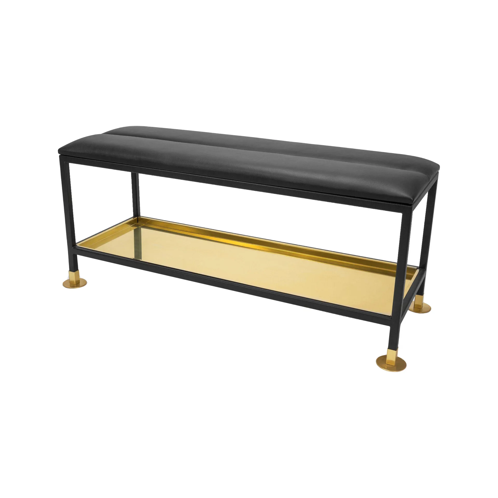 Ławka na buty 11, czarny/mosiądz, czarna skórzana nakładka Scherlin