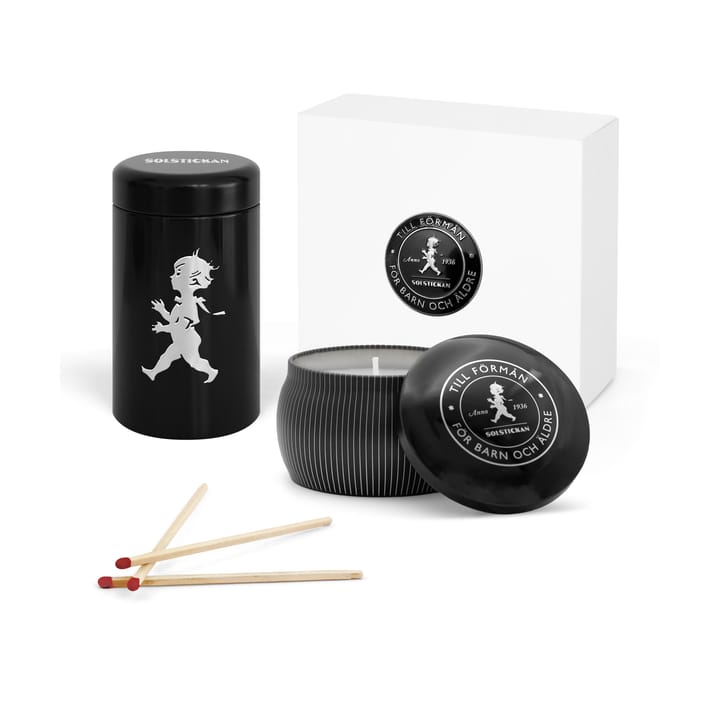 Solstickan pudełko prezentowe świeczki zapachowe + tuba zapałek - Czarny świecznik zapachowy z cedru - Solstickan Design