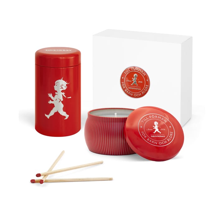 Solstickan pudełko prezentowe świeczki zapachowe + tuba zapałek - Czerwona świeca zapachowa cynamon i pomarańcza - Solstickan Design