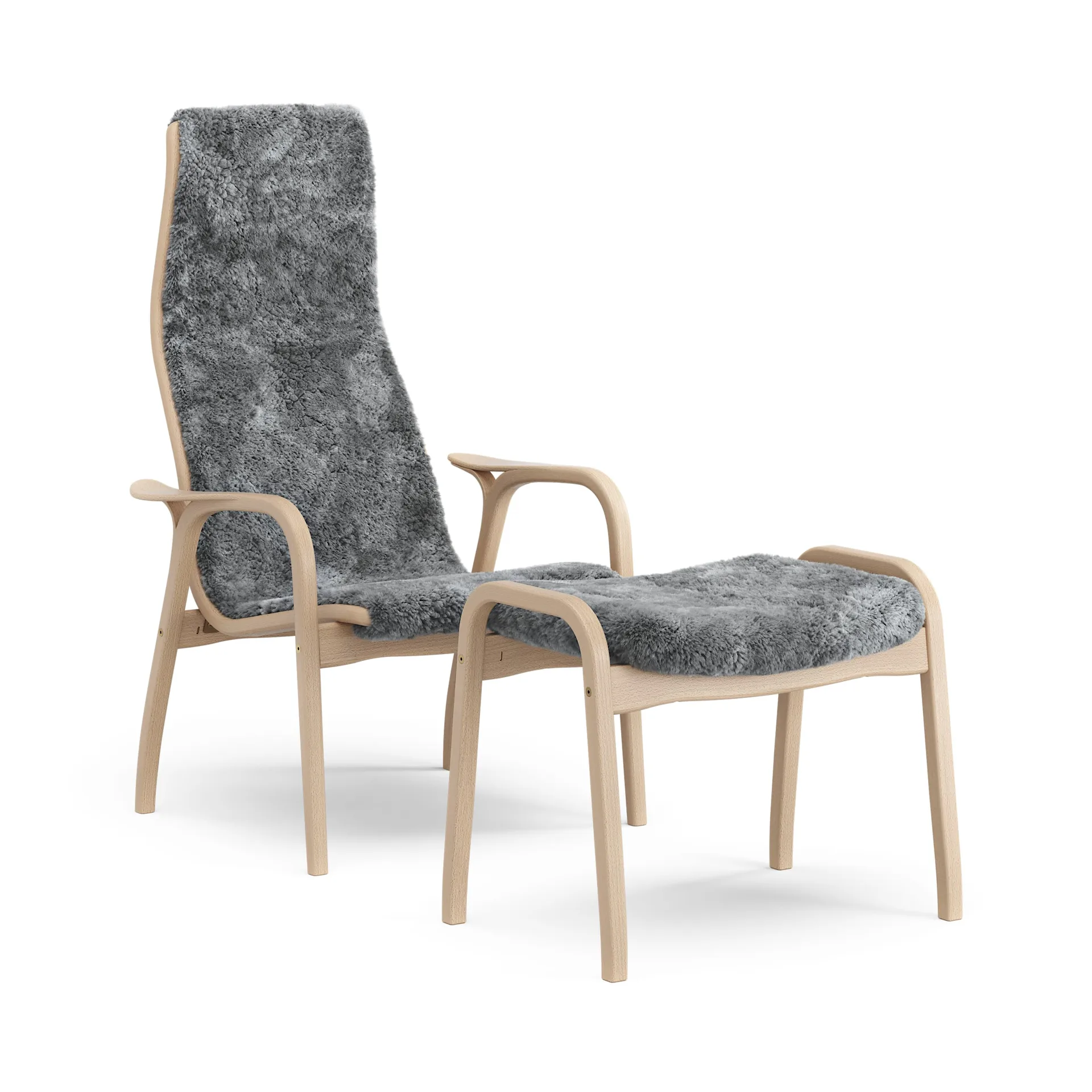 Fotel i podnóżek Lamino, lakierowany buk /skóra owcza, Scandinavian Grey (szary) Swedese