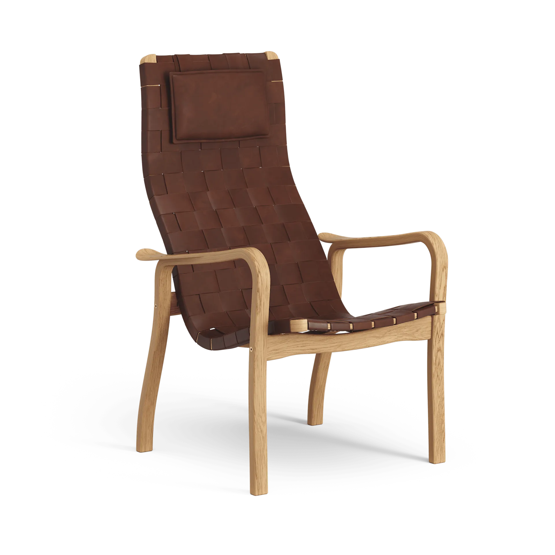 Fotel Primo wysoki z poduszką pod szyję dąb olejowany, Pasek ze skóry brązowo-czerwonej Swedese