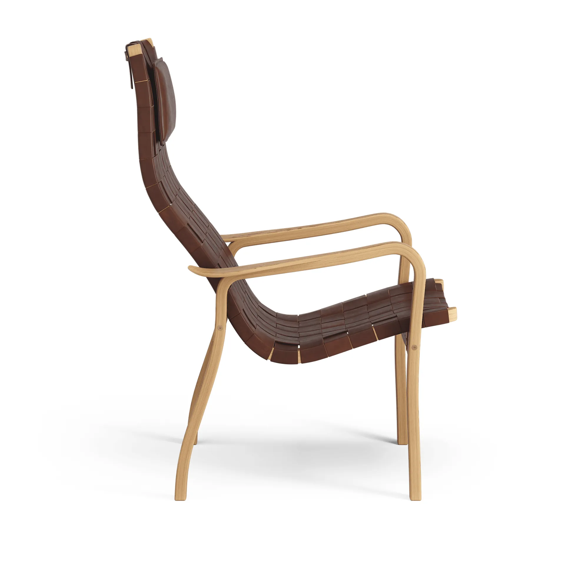 Fotel Primo wysoki z poduszką pod szyję dąb olejowany, Pasek ze skóry brązowo-czerwonej Swedese