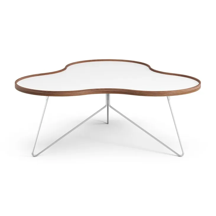 Stolik Flower 107x114 cm, H45cm-biały-brzeg w kolorze orzecha włoskiego-chromowany Swedese