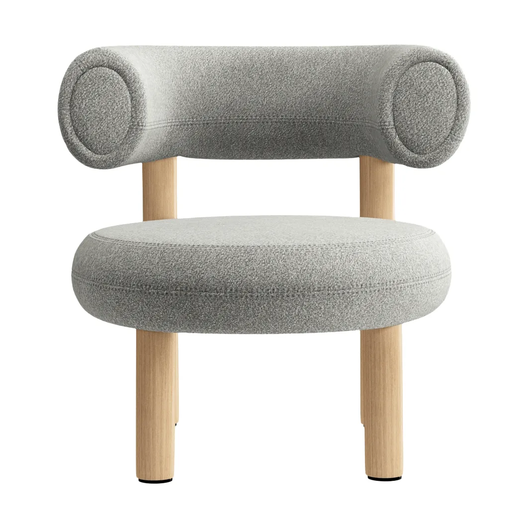 Fotel lounge Fat, Szczotkowane naturalne drewno i naturalna alpaka bouclé Tom Dixon