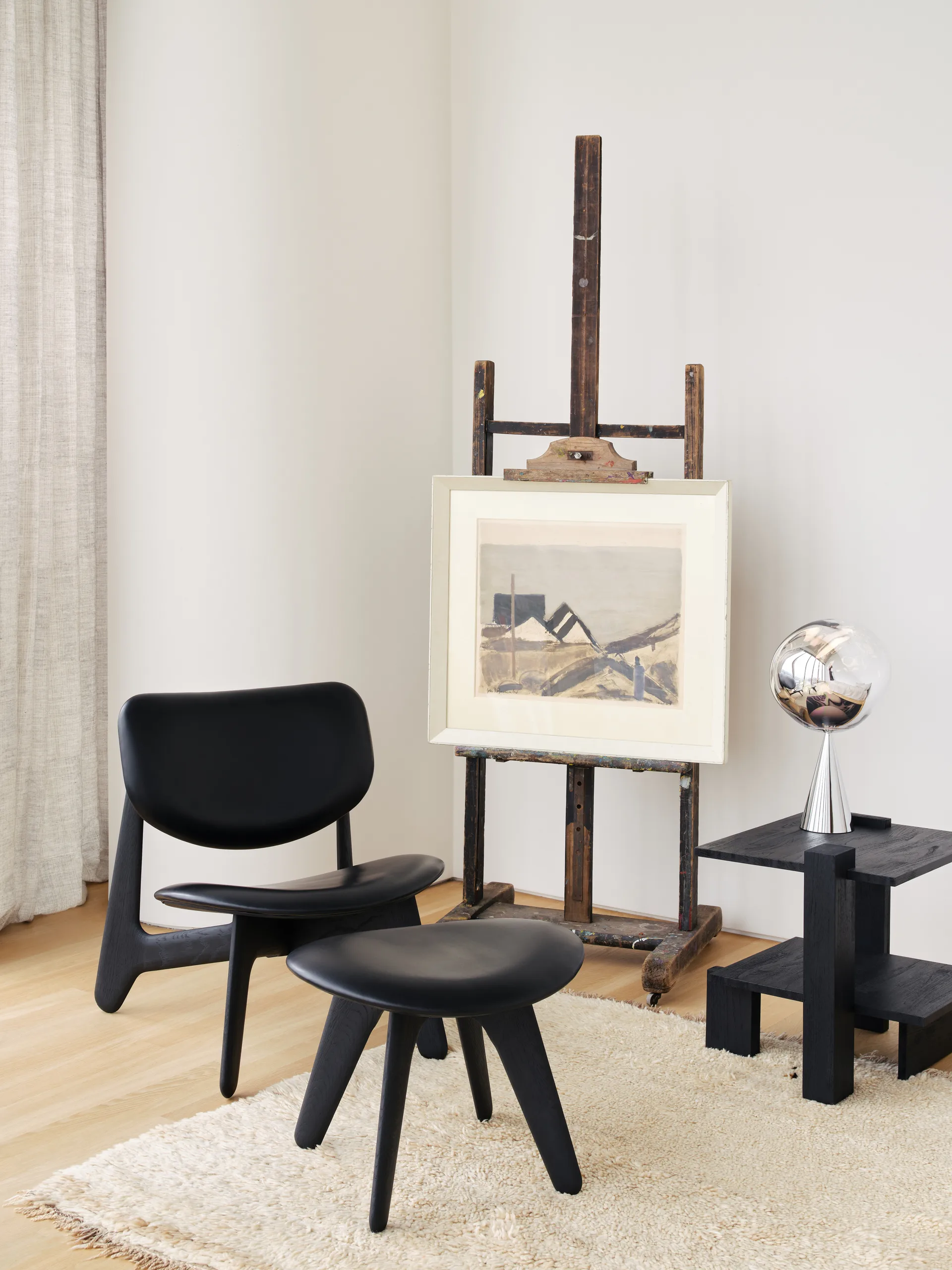 Pufa Slab 45x55 cm, Czarny jesion-czarna skóra Tom Dixon