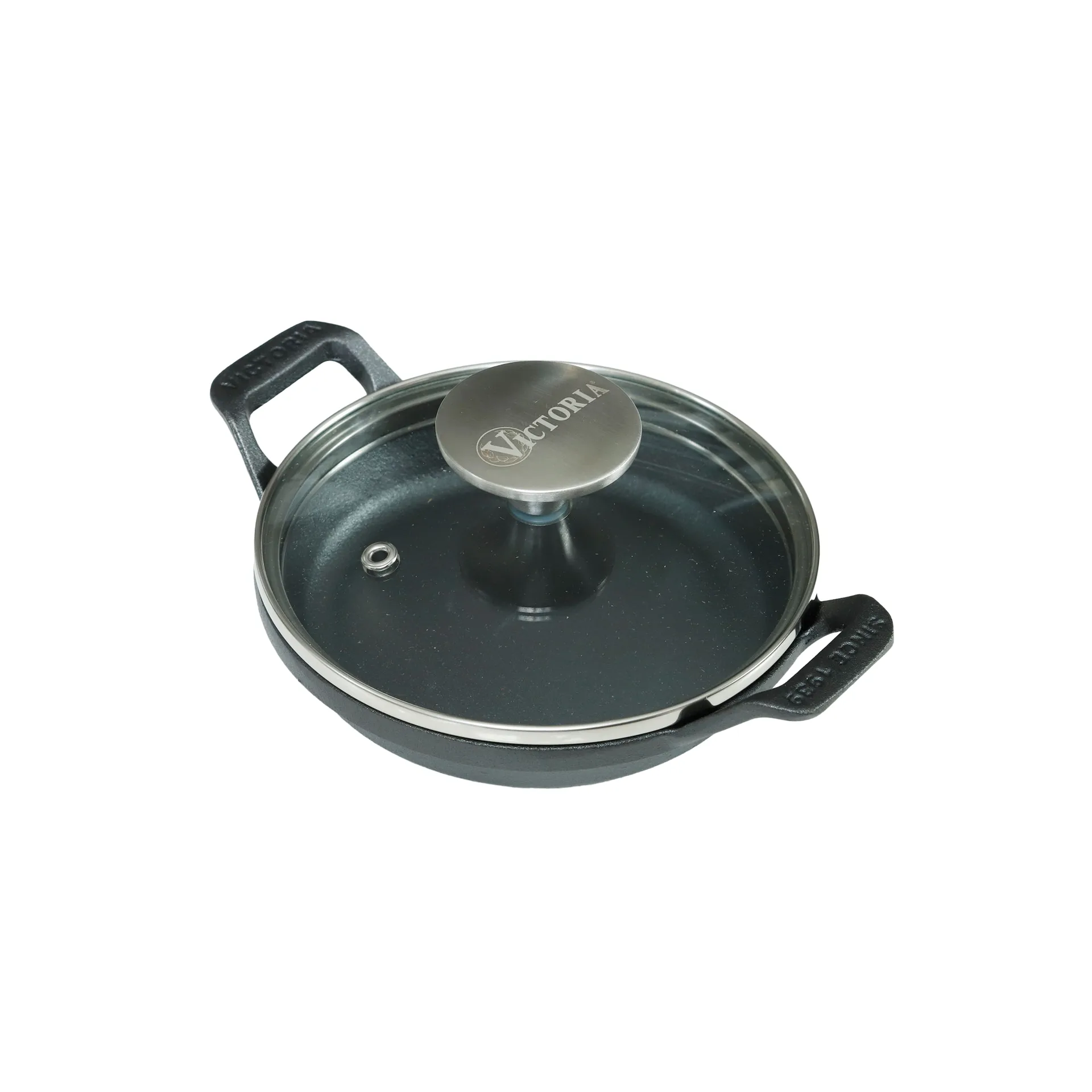 Mini okrągły garnek z pokrywą szklaną, żeliwny, wstępnie sezonowany, Ø14 cm Victoria
