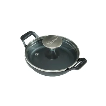 Mini okrągły garnek z pokrywą szklaną, żeliwny, wstępnie sezonowany - Ø14 cm - Victoria