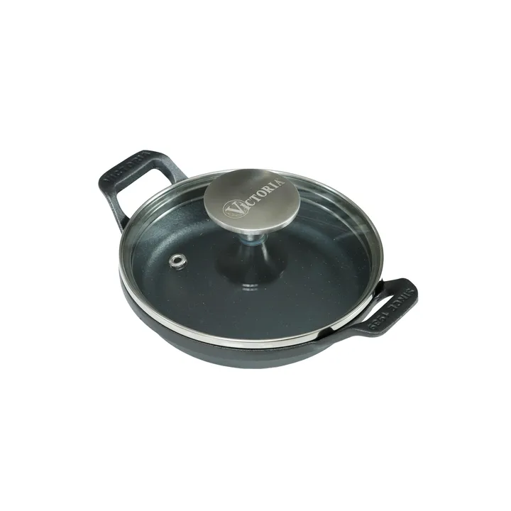 Mini okrągły garnek z pokrywą szklaną, żeliwny, wstępnie sezonowany - Ø14 cm - Victoria