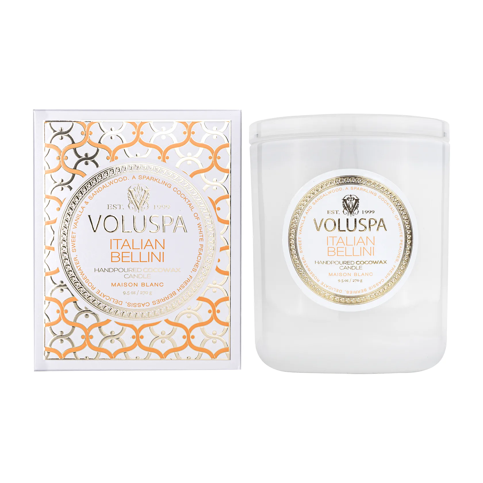 Klasyczna świeca zapachowa Maison Blanc 60 godz., Italian Bellini Voluspa
