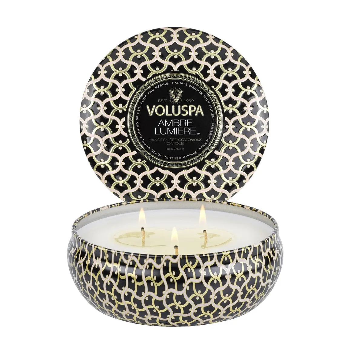Maison Noir 3-wick Tin świeca zapachowa 40 godz., Ambre Lumiere Voluspa