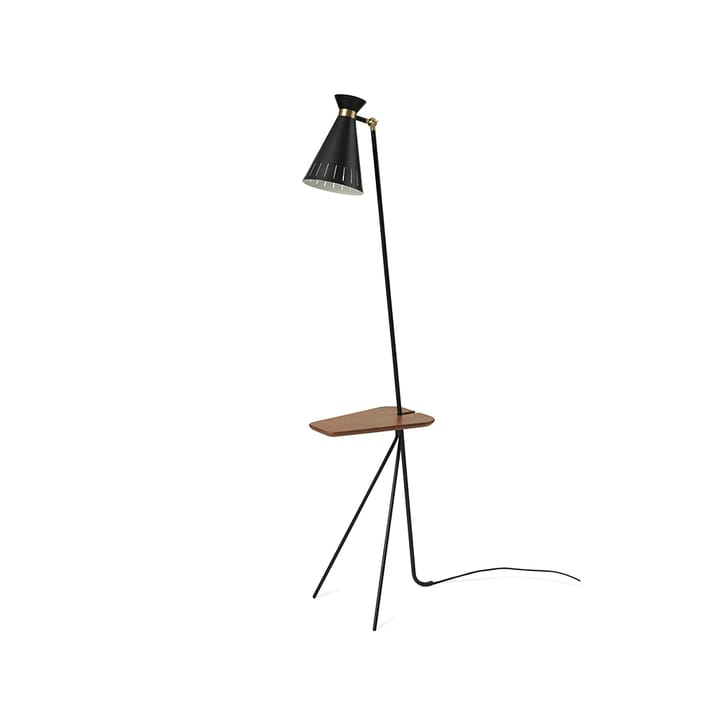 Cone lampa podłogowa - black noir, stół z drewna tekowego, mosiężne detale - Warm Nordic