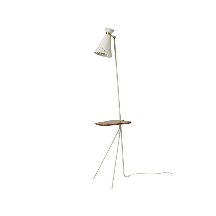 Cone lampa podłogowa, warm white, stół z drewna tekowego, mosiężne detale Warm Nordic