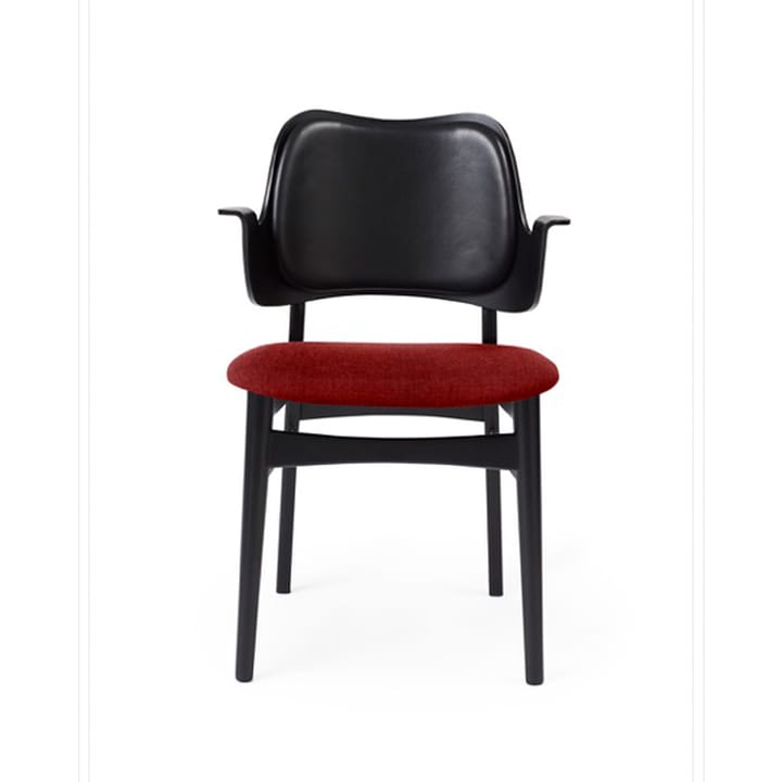 Gesture krzesło, tapicerowane siedzisko i oparcie - tkanina brick red, czarny lakierowany stojak,skórzane oparcie - Warm Nordic