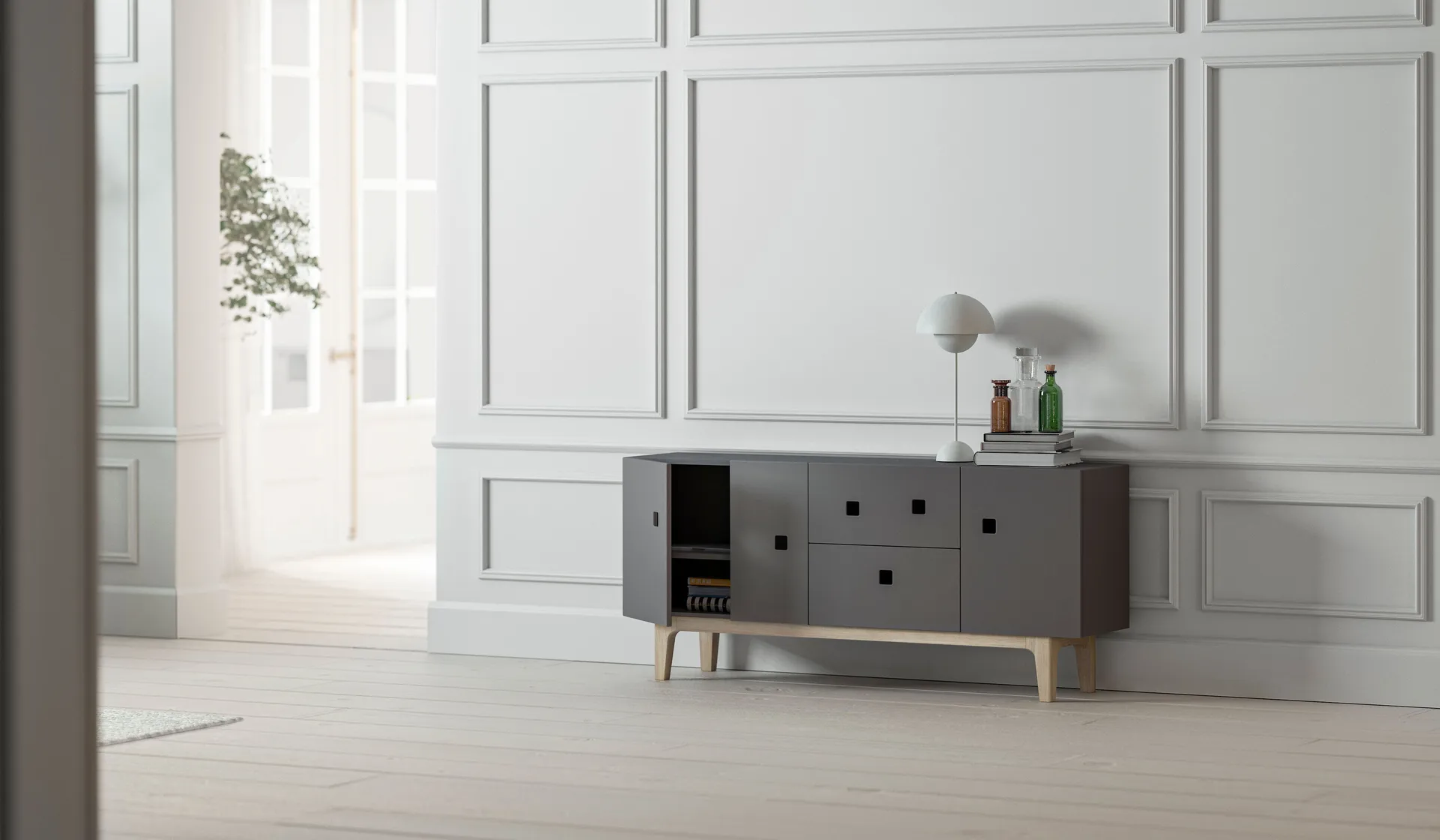 Peep M2 ławka medialna, slate grey, dąb barwiony na biało Zweed