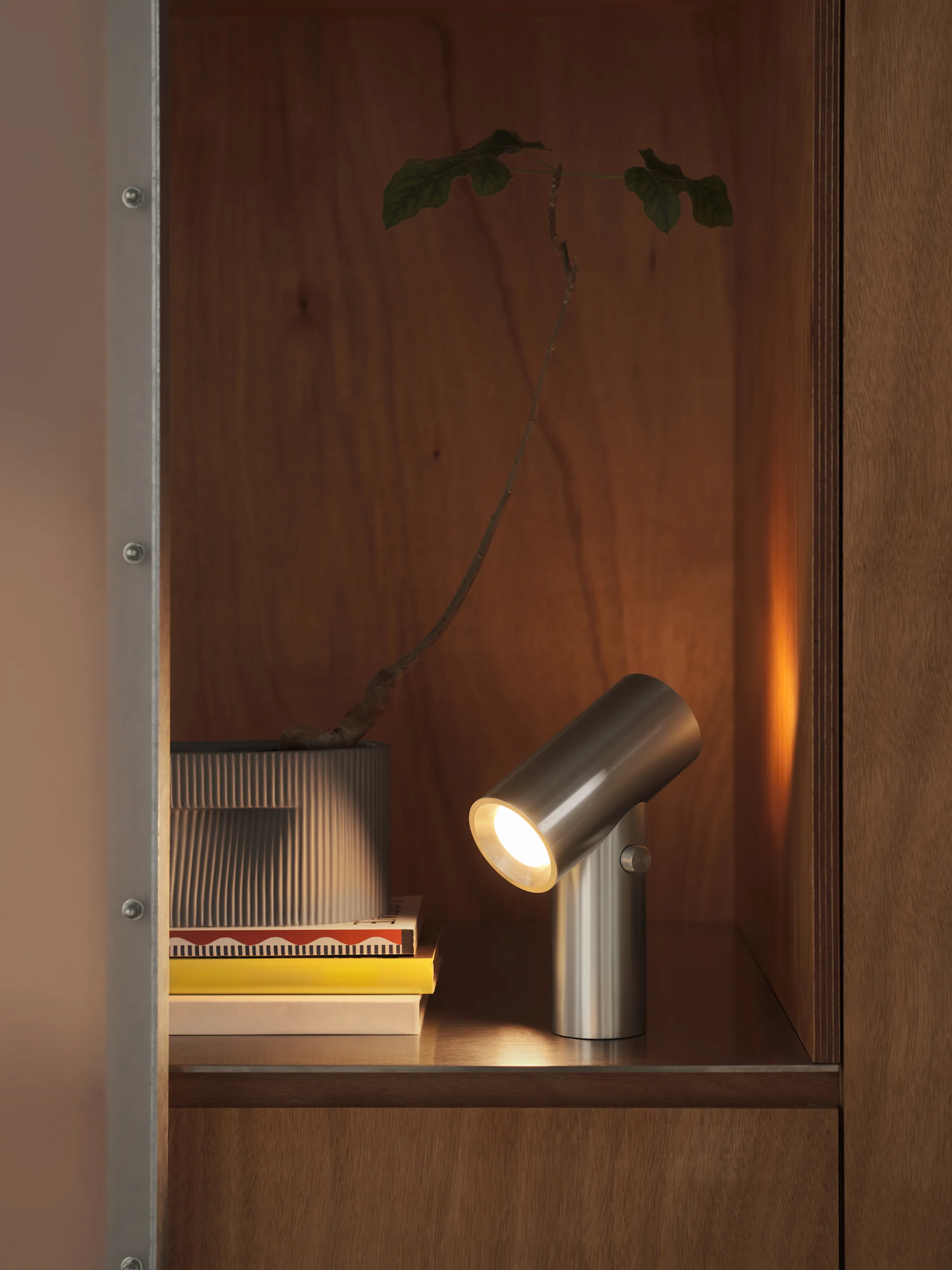 Cylindryczna lampa z matowego metalu oświetla stos książek i roślinę w ryflowanej doniczce, wewnątrz drewnianej szafki.