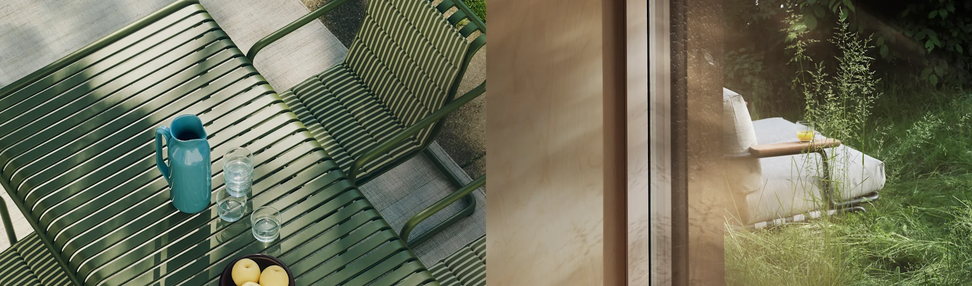 Podzielony obraz: zielony stół lamelowy z dzbankiem, szklankami i owocami. Po prawej: biały leżak w zielonym ogrodzie widziany przez okno.