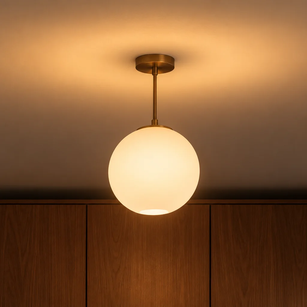 Biała kulista lampa wisząca z mosiężnymi elementami, ciepło świecąca.