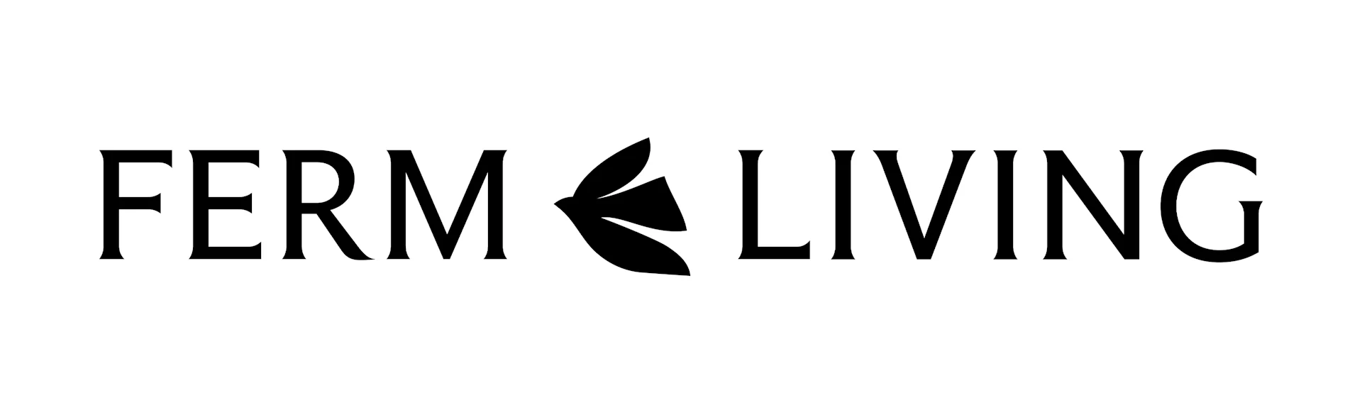 Logo FERM LIVING ze stylizowanym wzorem liścia między słowami.