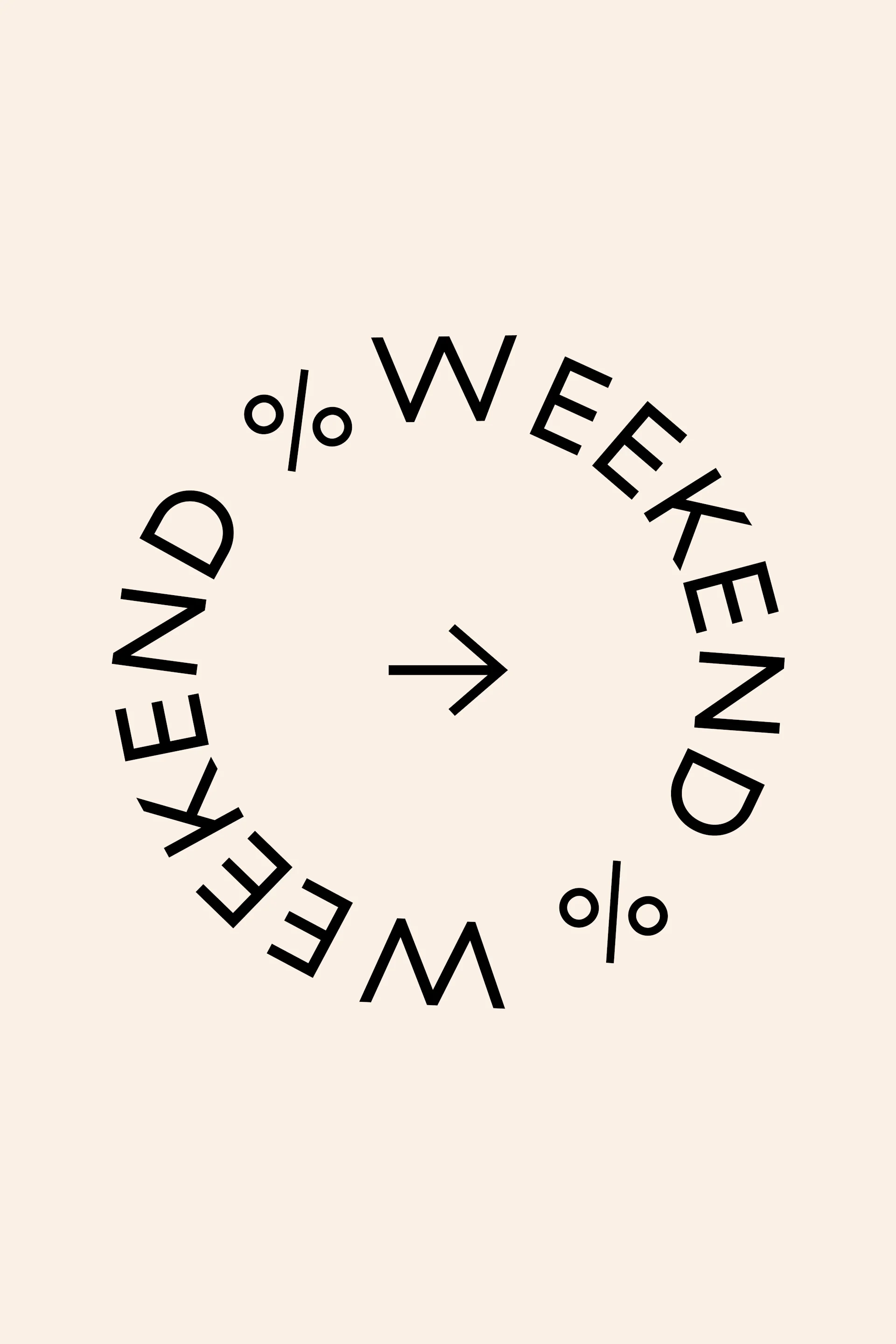 Napis "WEEKEND" i znaki procentu ułożone w okrąg, ze strzałką wskazującą w prawo pośrodku.