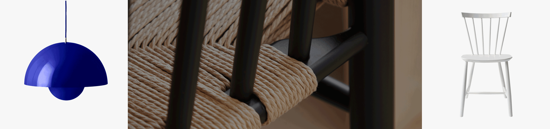 Niebieska lampa wisząca, zbliżenie krzesła z plecionym siedziskiem naturalnym, i białe drewniane krzesło szpindlowe.