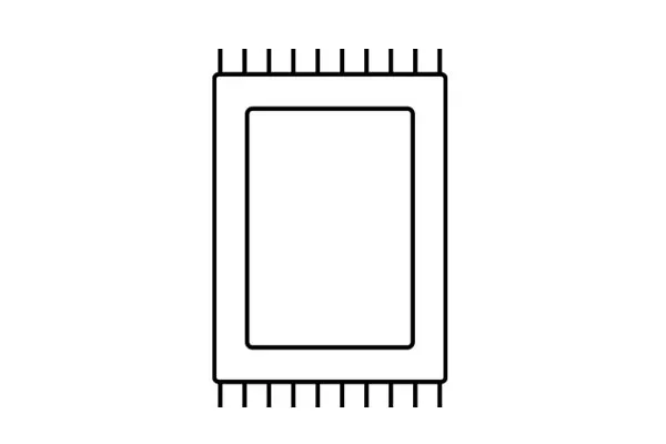 Zarys prostokątnego dywanu z frędzlami u góry i na dole.