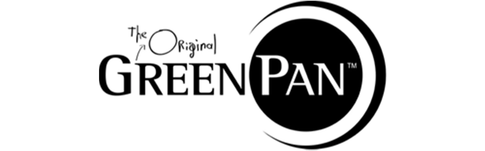 Logo GreenPan z napisem 'The Original' w stylu odręcznym nad 'GreenPan', częściowo w czarnym okręgu.